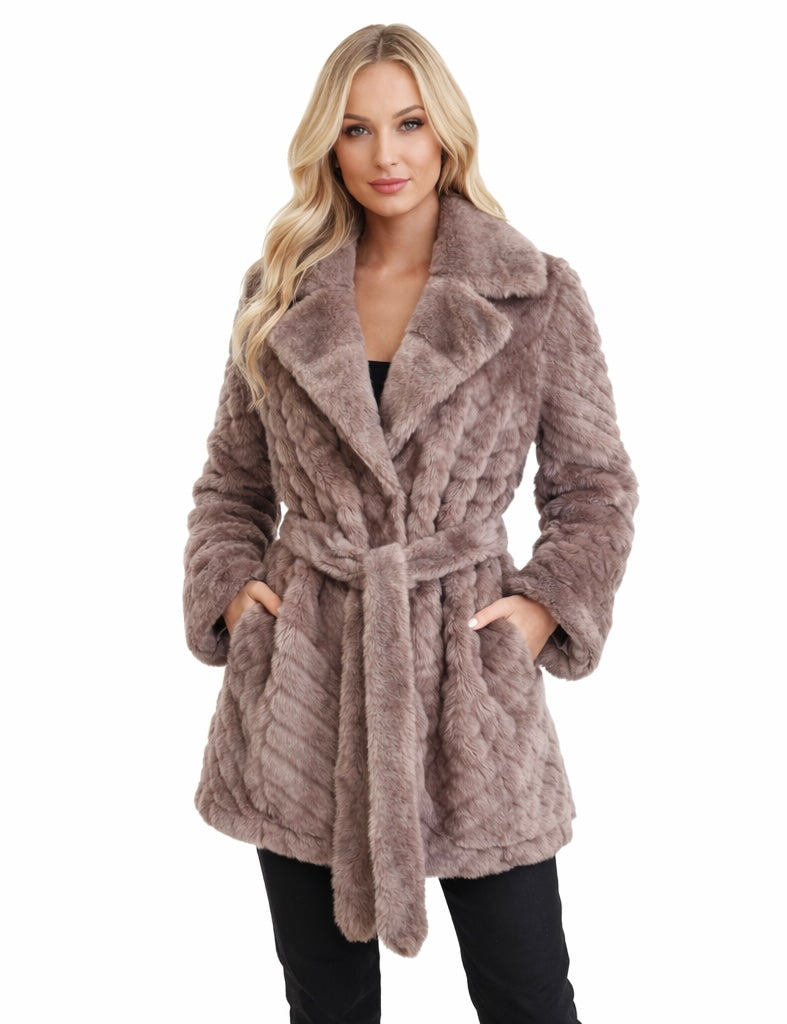 Soft Taupe Eco Fur Belted Coat