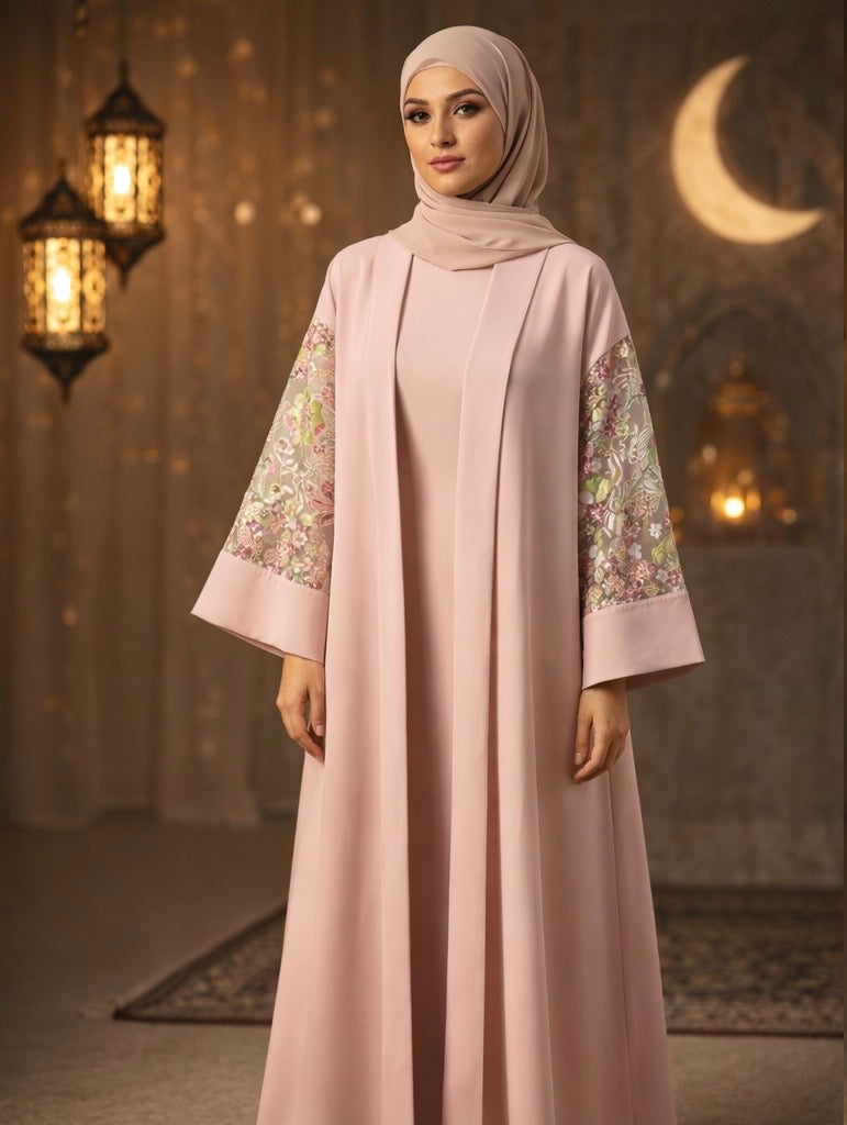 Evening Elegance Blush Nude Floral Sleeve Open Abaya