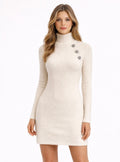 Button-Detail Turtleneck Knit Dress Offwhite
