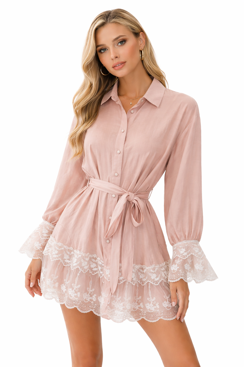 Lace Trim Belted Mini Dress - Light pink , Butter yellow , White