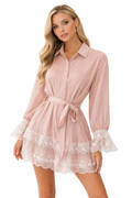 Lace Trim Belted Mini Dress - Light pink , Butter yellow , White