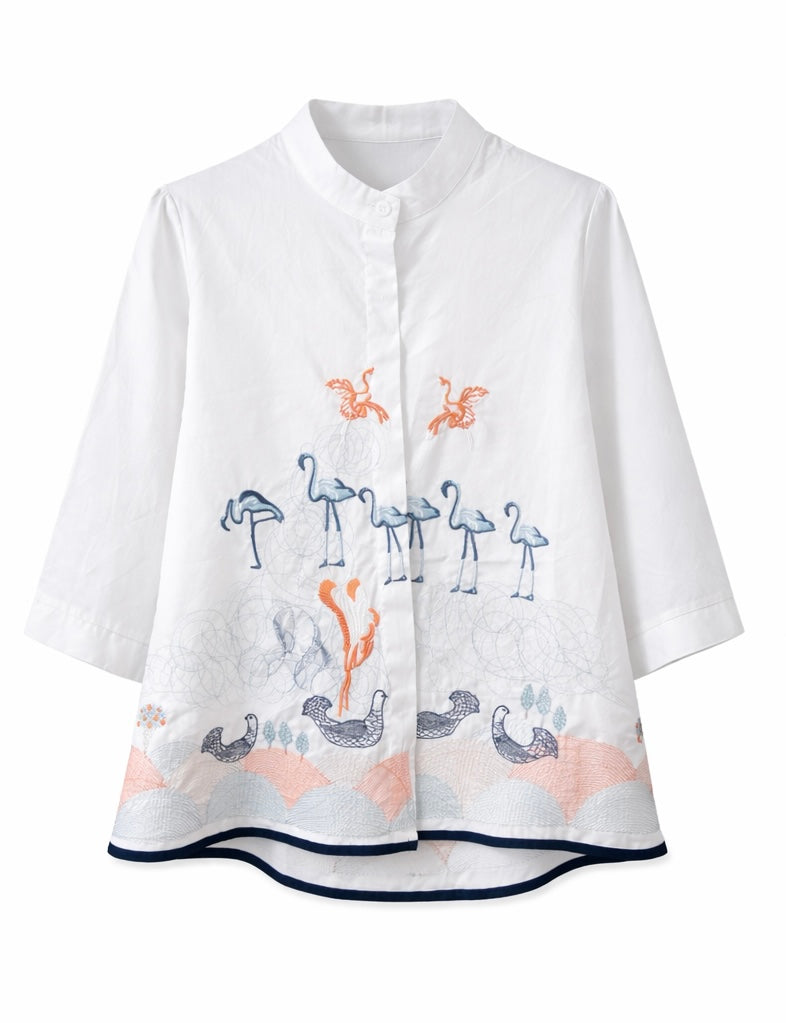 Flamingo Embroidery  Top - Navy , White