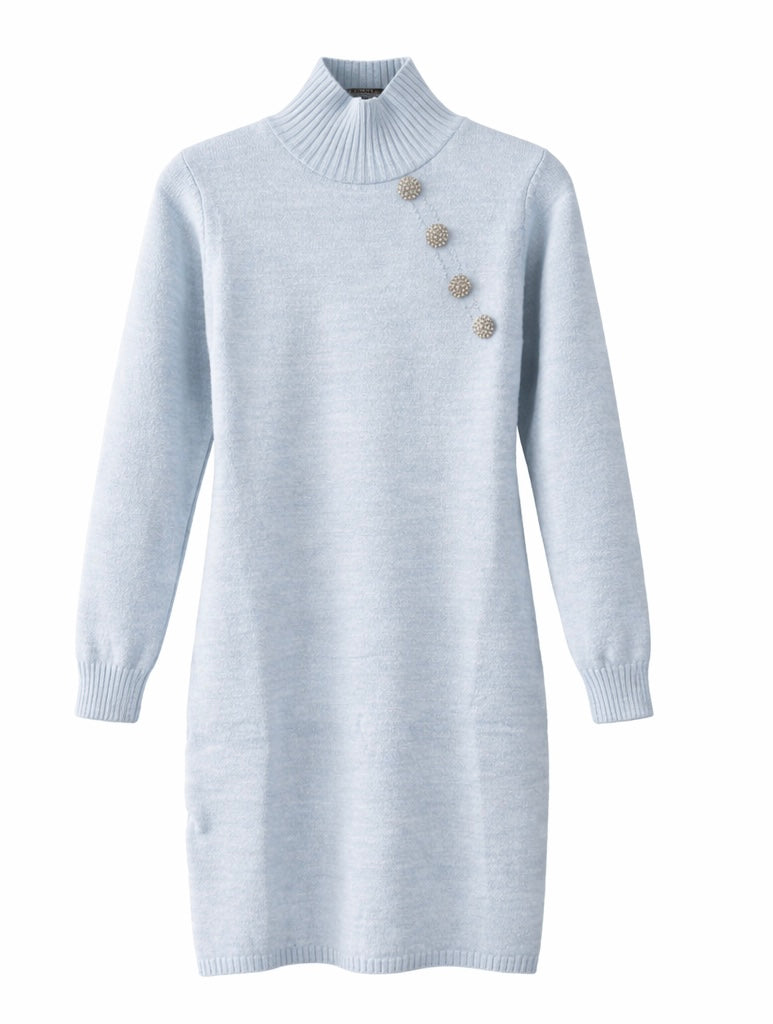 Button-Detail Turtleneck Knit Dress Light Blue