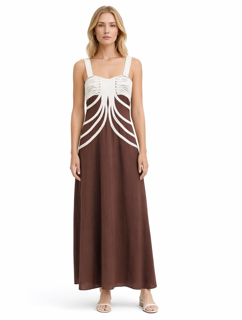 Crochet Detail Maxi Dress - Brown , Olive Green