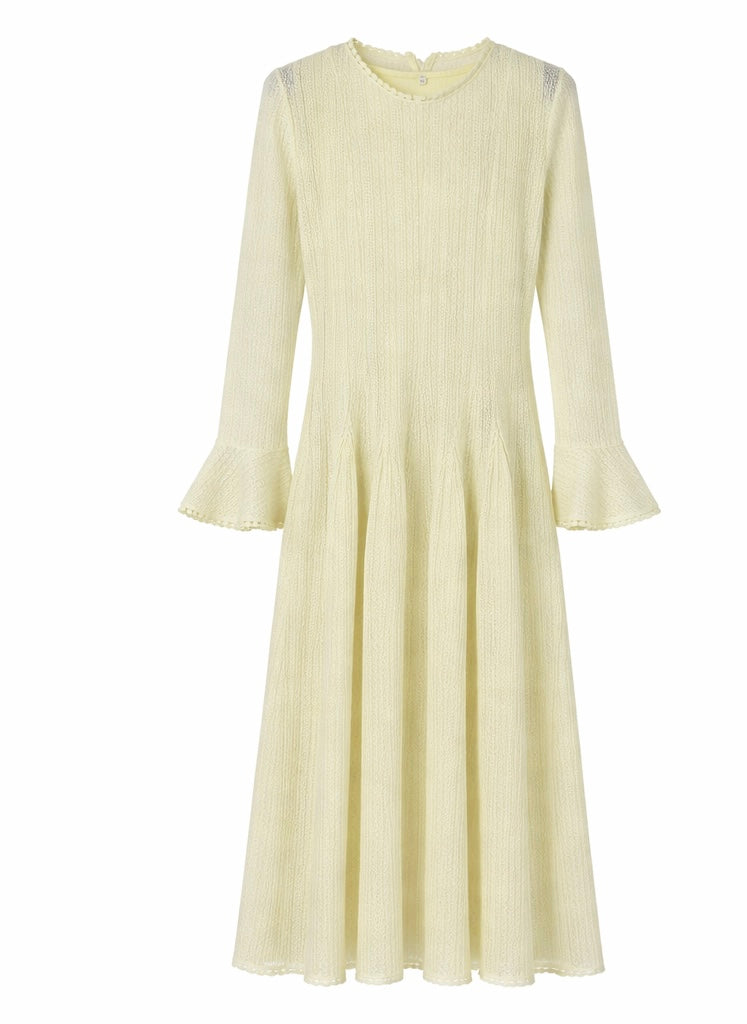 Elegant Pastel Long Sleeve Midi Dress , Lemon & butter yellow