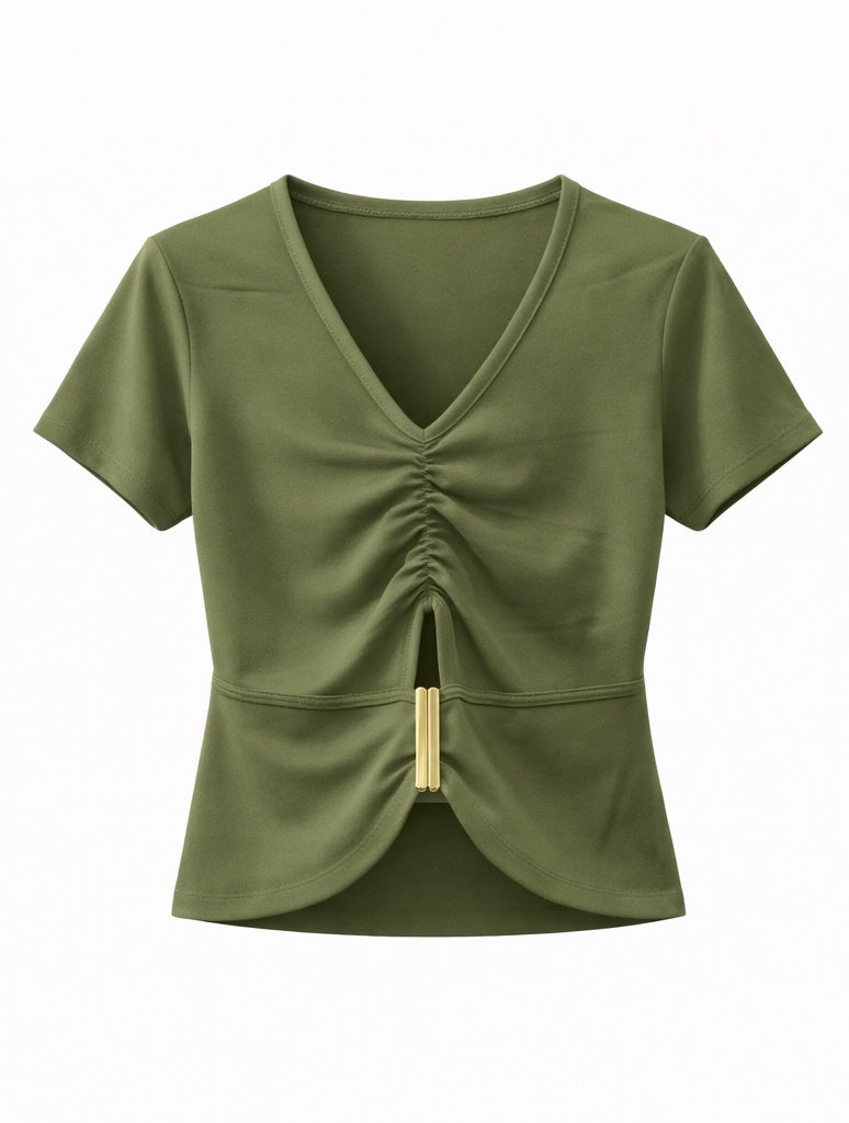 V-Neck Ruched Short Sleeve Top - Brown, Black , White , Olive Green , Beige