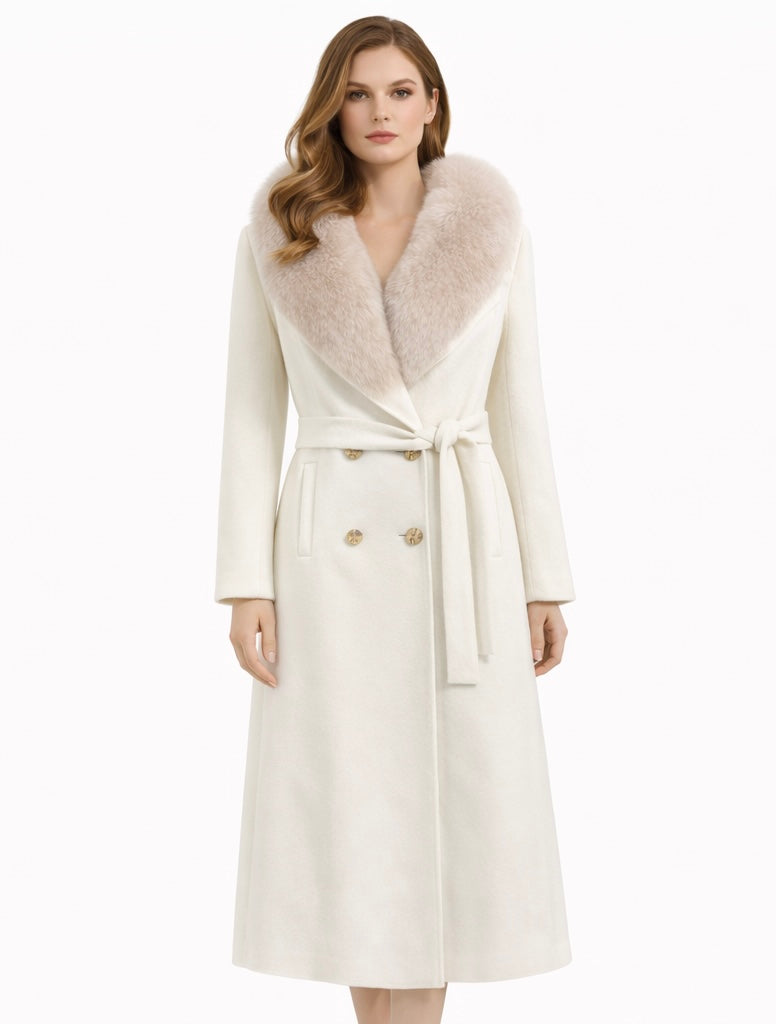 Long Ivory Cashmere Coat with Real Fox Fur Collar