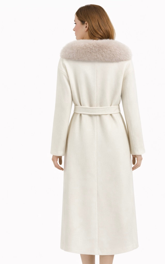 Long Ivory Cashmere Coat with Real Fox Fur Collar