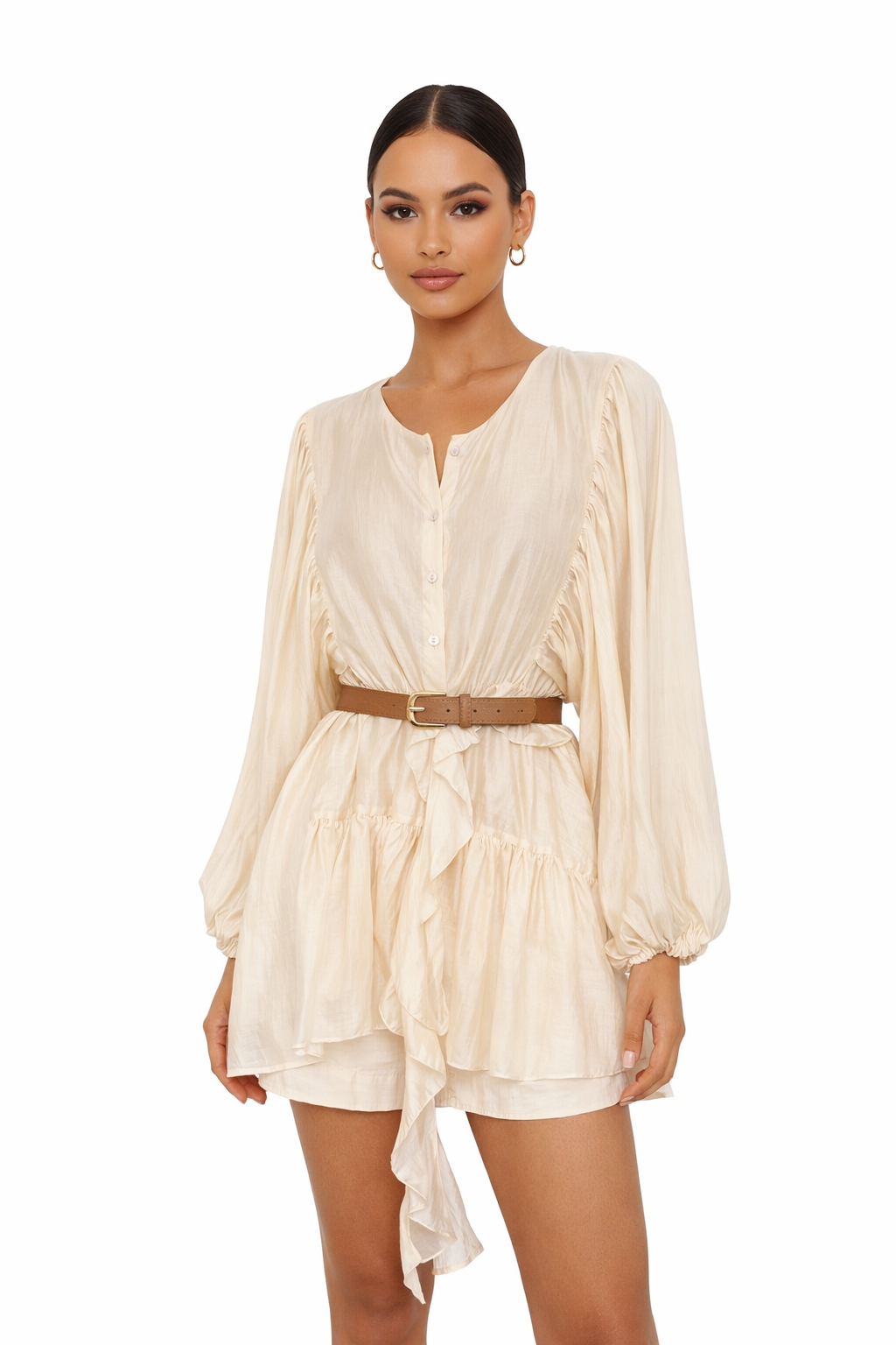Soft Cream Flowy Tunic Top with Belt