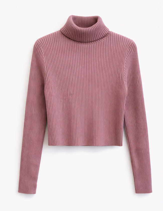 Ribbed Cropped Turtleneck Sweater Pink