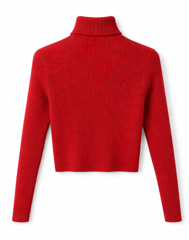 Ribbed Cropped Turtleneck Sweater Burgundy