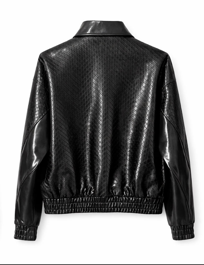Textured Leather Bomber Jacket Black