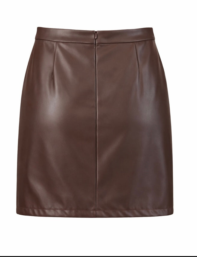 Zipper-Front Faux Leather Mini Skirt With Lace Inset