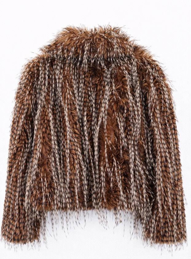 Feathered Faux Fur Statement jacket Chestnut Brown Mix