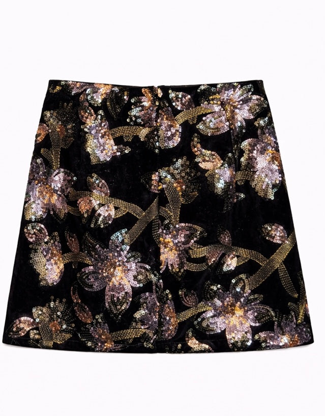 Black Velvet Sequin Floral Skirt
