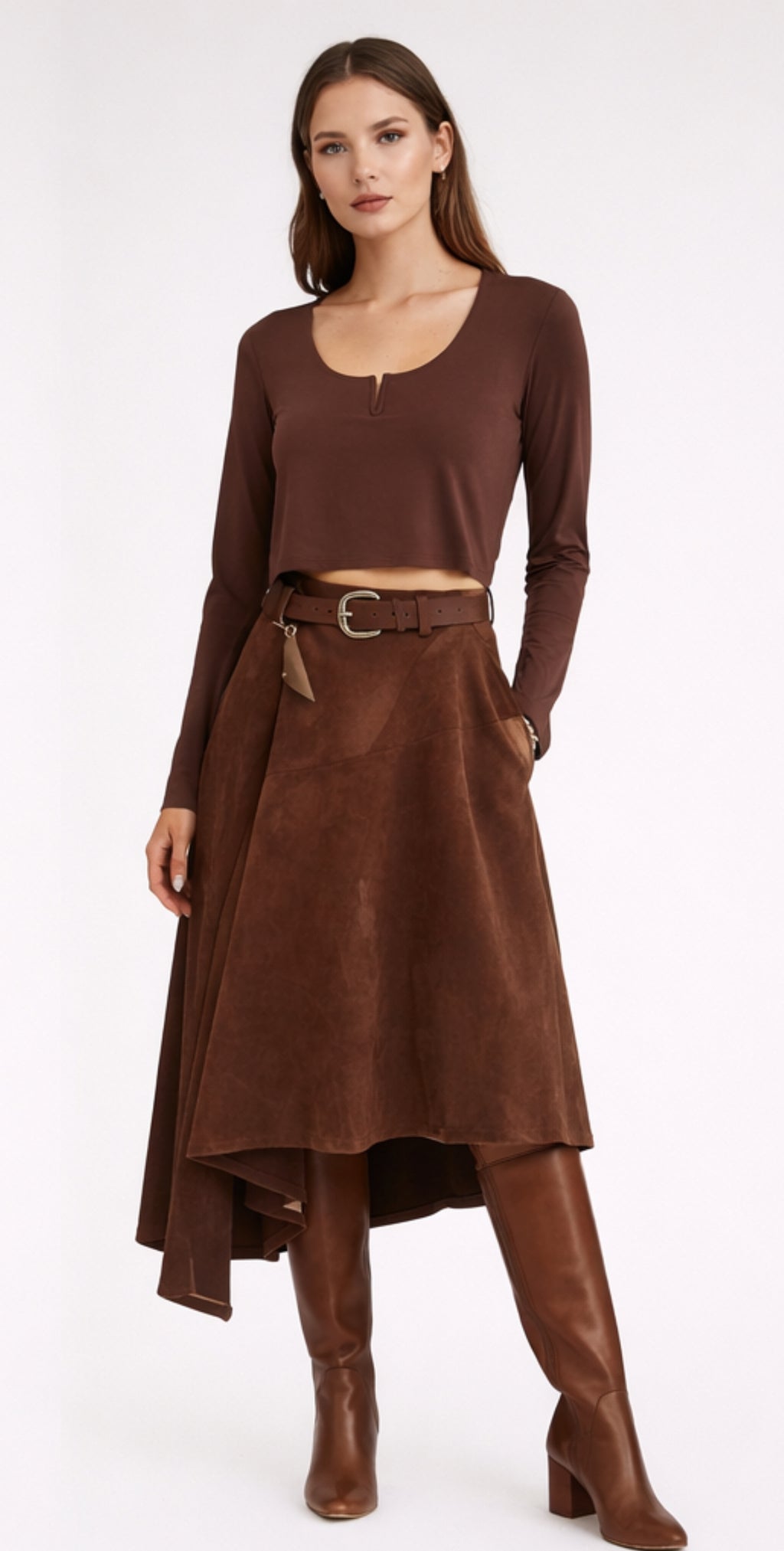 Brown Suede-Look Asymmetric Skirt