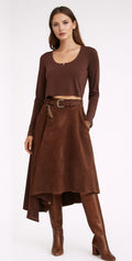 Brown Suede-Look Asymmetric Skirt