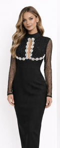 Elegant Black Midi Dress With Fishnet Sleeves & Floral Embroidery