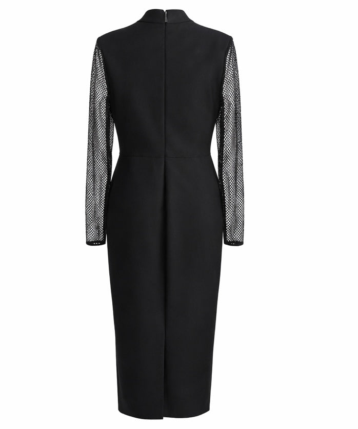 Elegant Black Midi Dress With Fishnet Sleeves & Floral Embroidery