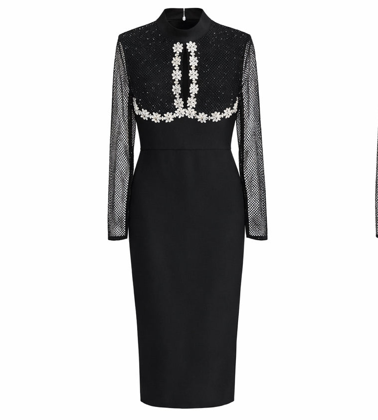 Elegant Black Midi Dress With Fishnet Sleeves & Floral Embroidery