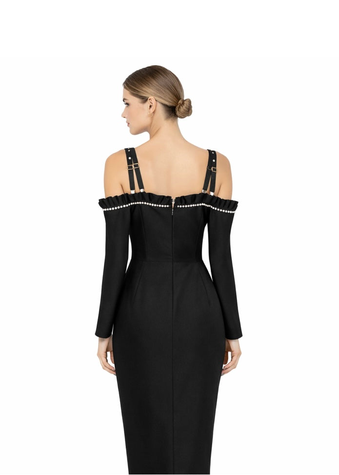 Black Embellished Bustier Dress With Cold-Shoulder Detail Black