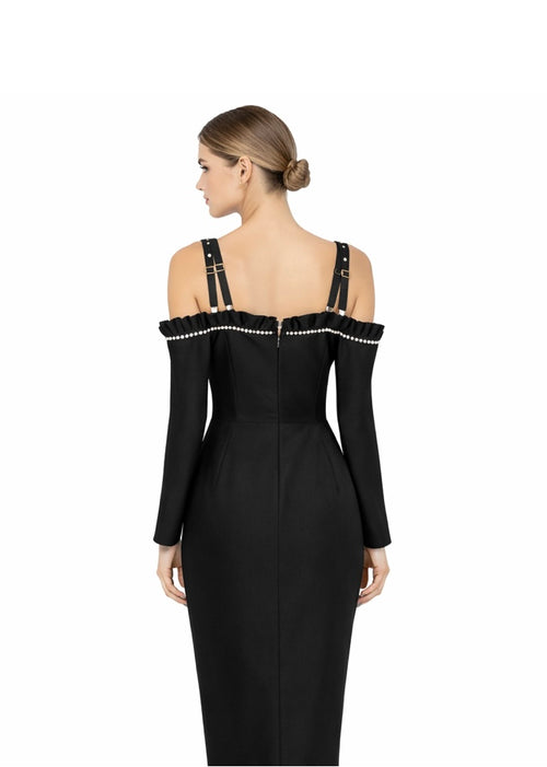 Black Embellished Bustier Dress With Cold-Shoulder Detail Black