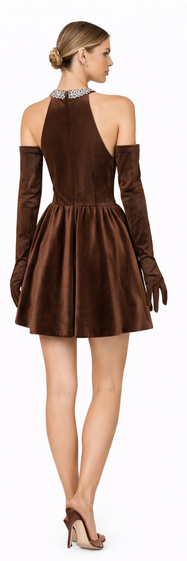 Brown Velvet Halter Mini Dress With Crystal Necline & Bow Detail