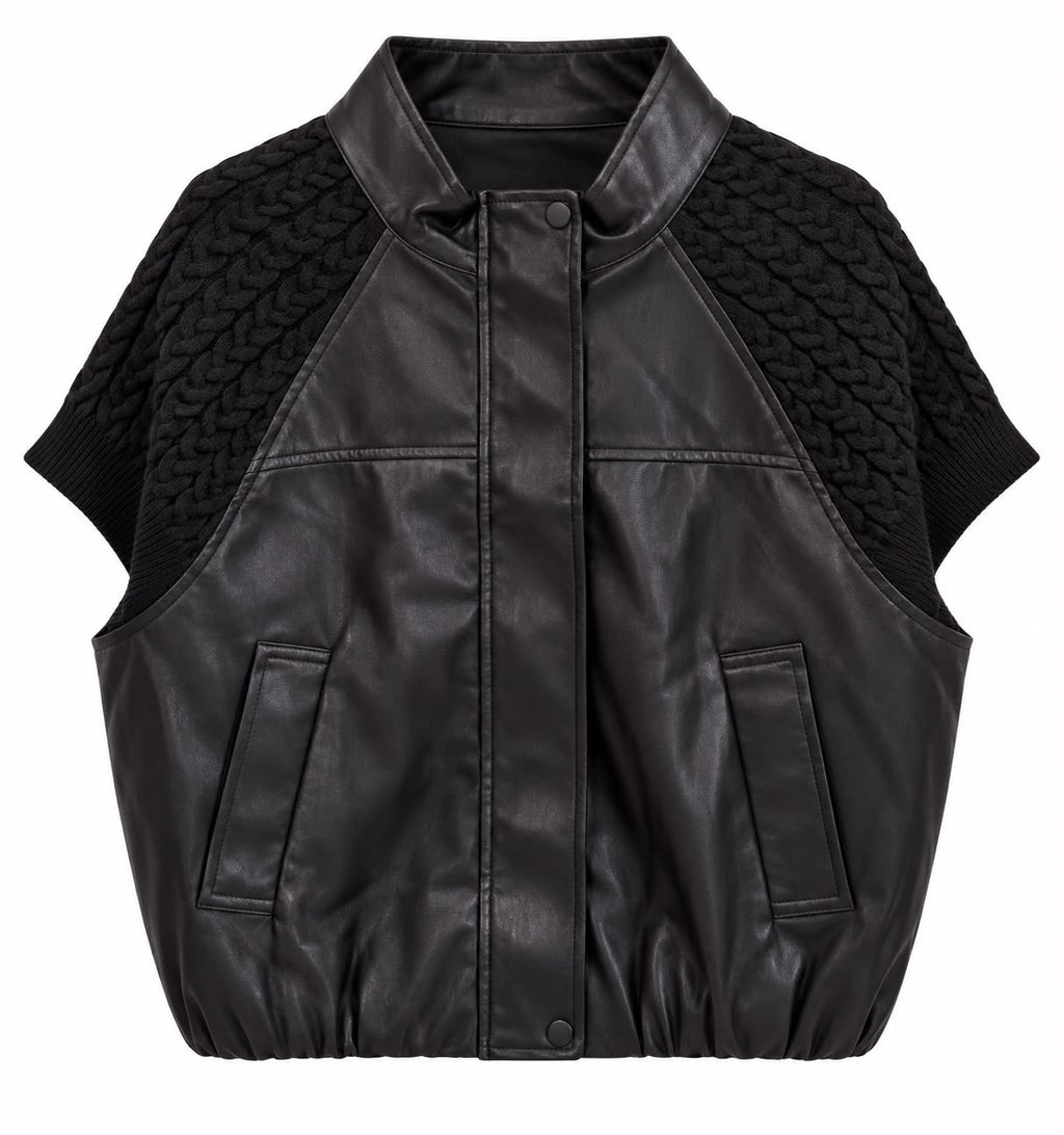 Cable Knit Leather Bomber Jacket ( Beige , Brown , Black )